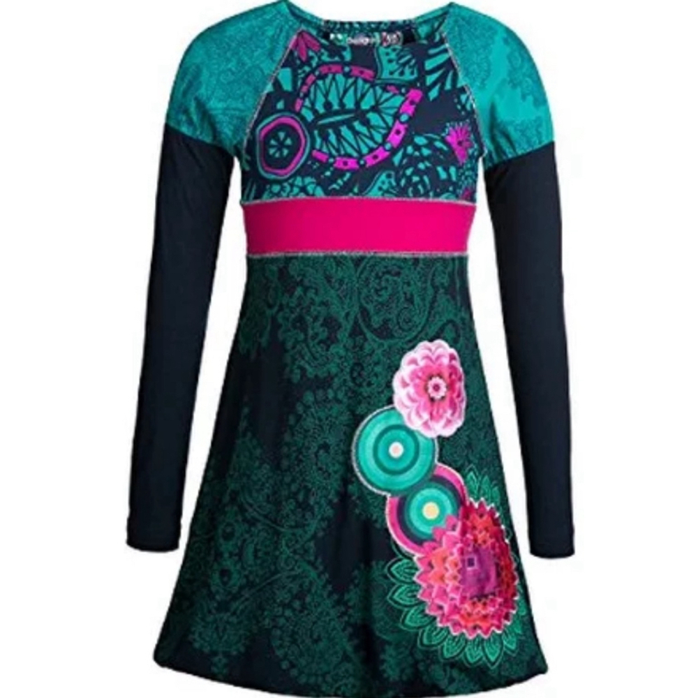 Desigual Girls Dress 11/12 Teal Pink Abstract Floral